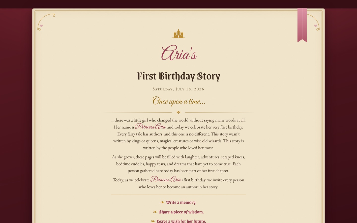 Aria's first birthday storybook page