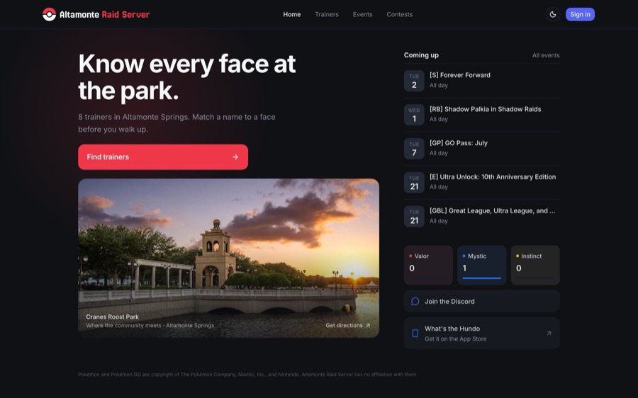 The Altamonte Raid Server homepage, a site we built