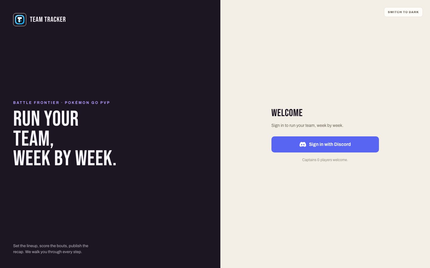 Team Tracker welcome page with Discord sign-in for captains and players